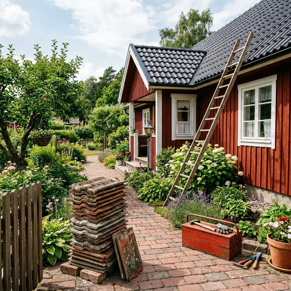 Brick pathway leading to a red wooden house with a ladder against the wall, a red toolbox, and garden tools on the ground surrounded by green bushes and flowers.